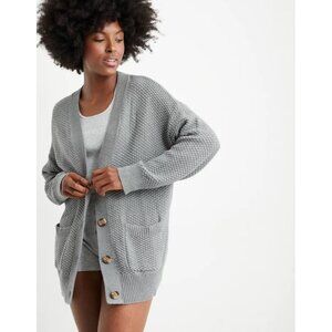 Aerie Varsity Cardigan Womens S Gray V-neck Grandpa Oversized Neutral Knit Comfy